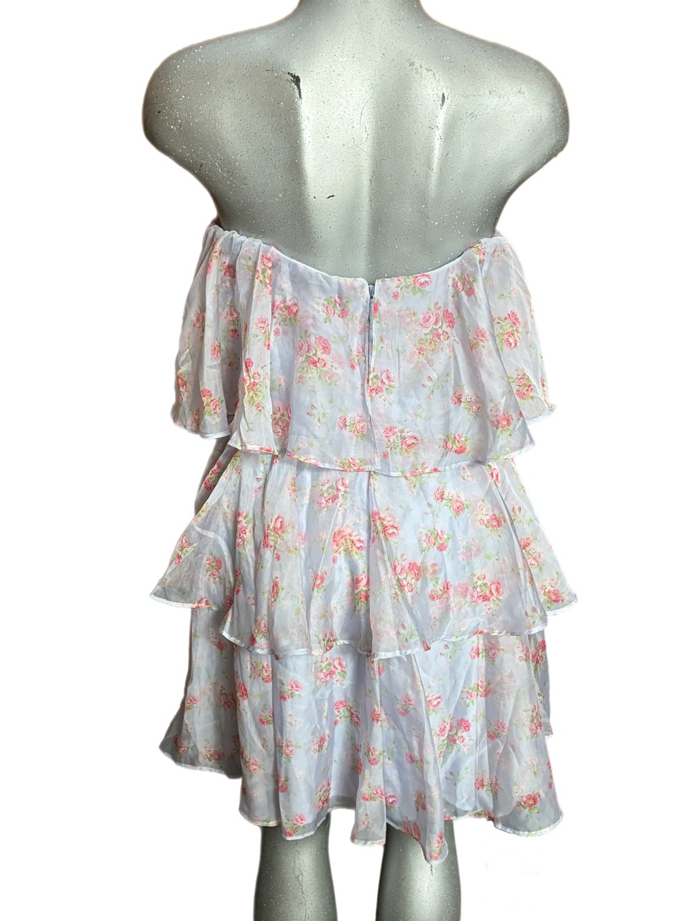 Abercrombie & Fitch Organza Strapless Floral Tiered Ruffle Dress Large Blue/Pink - Picture 6 of 9